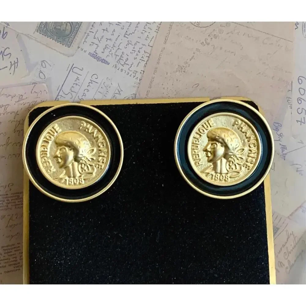 Vintage Republique Francaise 1808 Coin Style Black Border Stud Earrings